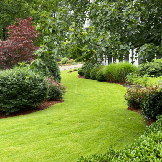 Landscape edging in Cary NC with clean curved bed lines, refreshed mulch, and a smooth lawn finish. Corner Solutions NC delivers polished outdoor results that elevate curb appeal.